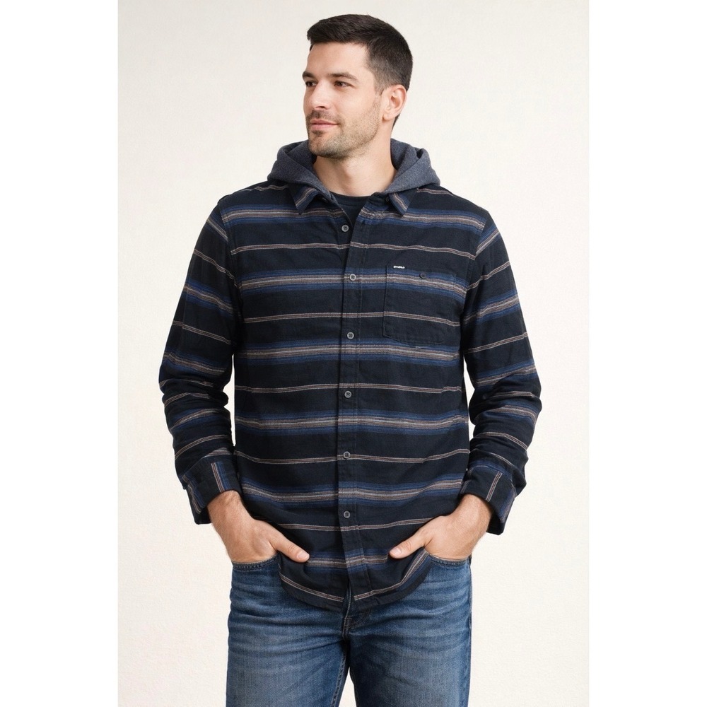 ONeill Mens Hooded Flannel Shirt Large Navy Blue Striped Button Down Hoodie